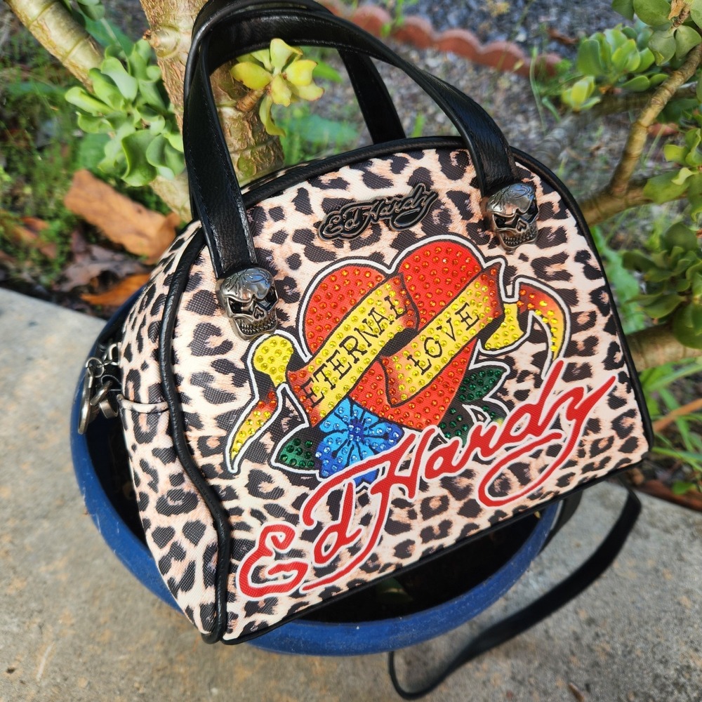 Ed‎ Hardy Heart Flower Crossbody Satchel Bowler Bag Cheetah Print Skull Hardware